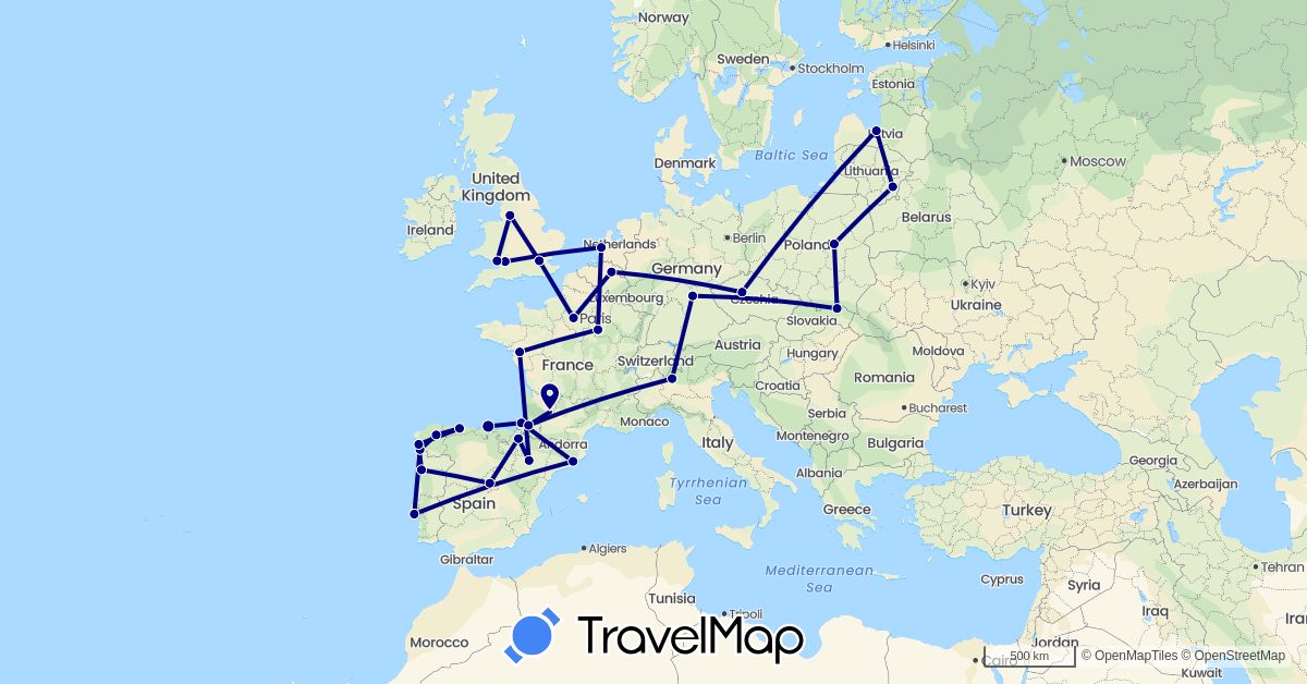 TravelMap itinerary: driving in Belgium, Czech Republic, Germany, Spain, France, United Kingdom, Italy, Lithuania, Latvia, Netherlands, Poland, Portugal, Slovakia (Europe)
