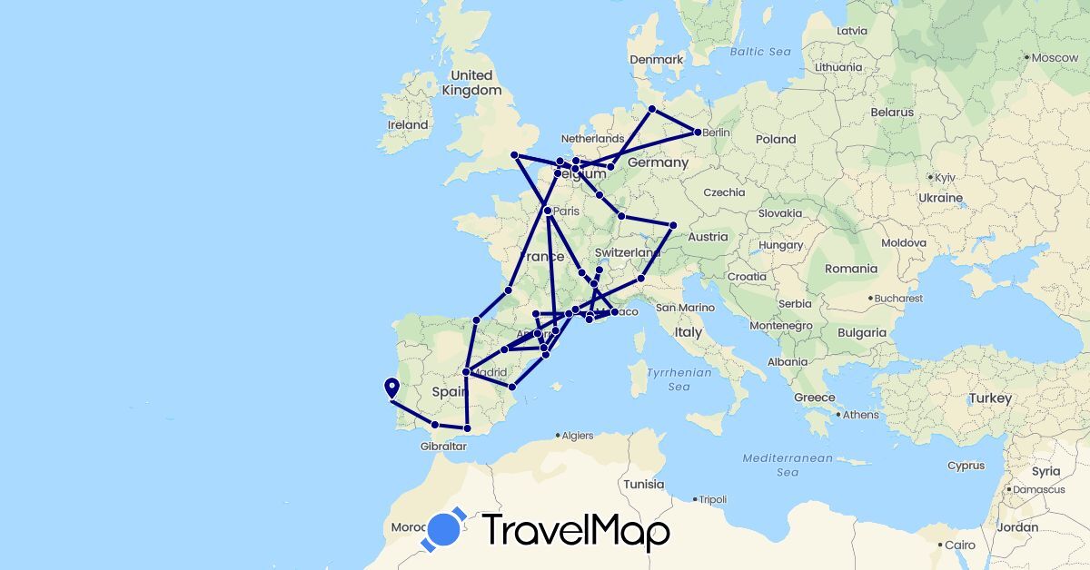 TravelMap itinerary: driving in Belgium, Germany, Spain, France (Europe)