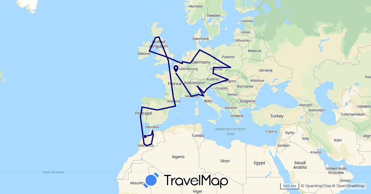 TravelMap itinerary: driving in Austria, Belgium, Czech Republic, Germany, Spain, France, United Kingdom, Hungary, Ireland, Italy, Morocco, Poland, Portugal, Slovenia (Africa, Europe)